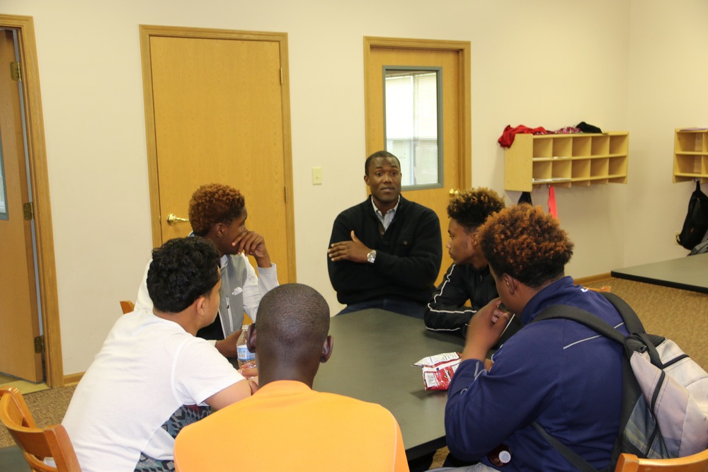 George Foreman III speaks to students at Marsh Run Apartments